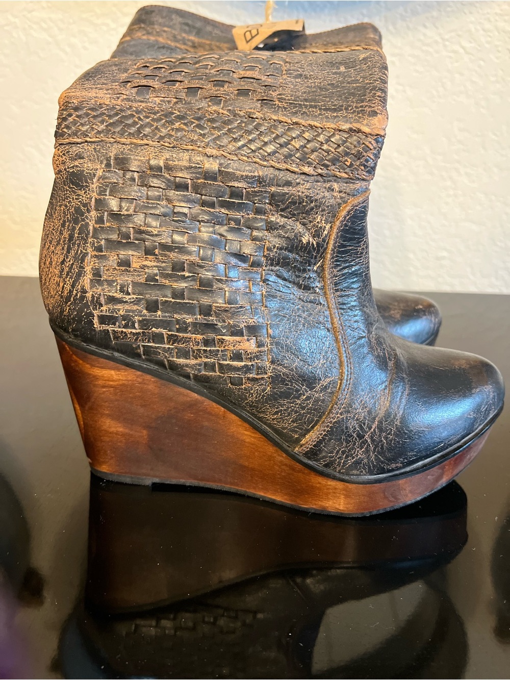BED|STU Distressed Black with Brown Woven Leather Mid-Calf Wedge Boots - Picture 3 of 5